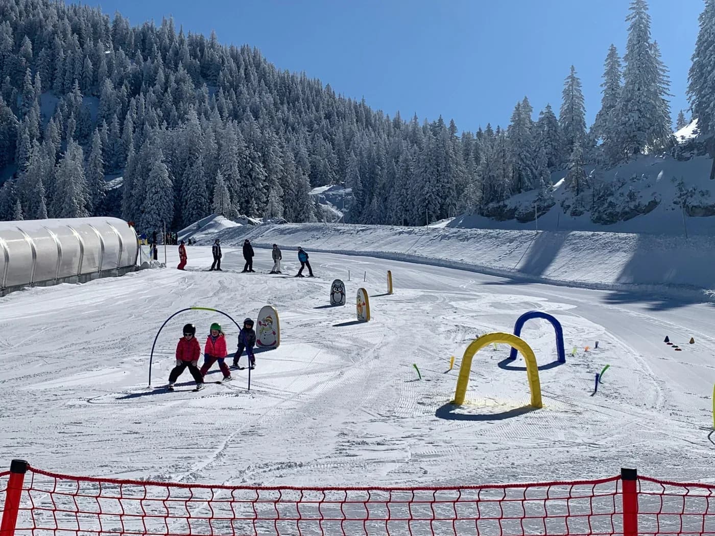 Kinder beim Skikurs auf der Übungswiese mit bunten Markierungen